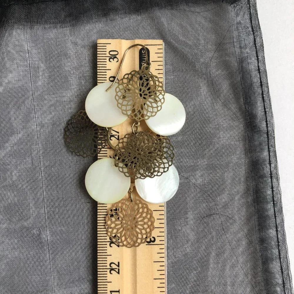Bloomingdales Gold Tone Mother of Pearl Chandelier Statement Earrings Festival